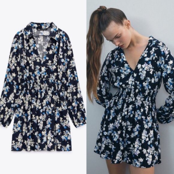 Zara Floral Print Elastic Waistband Dress - S - Picture 1 of 4